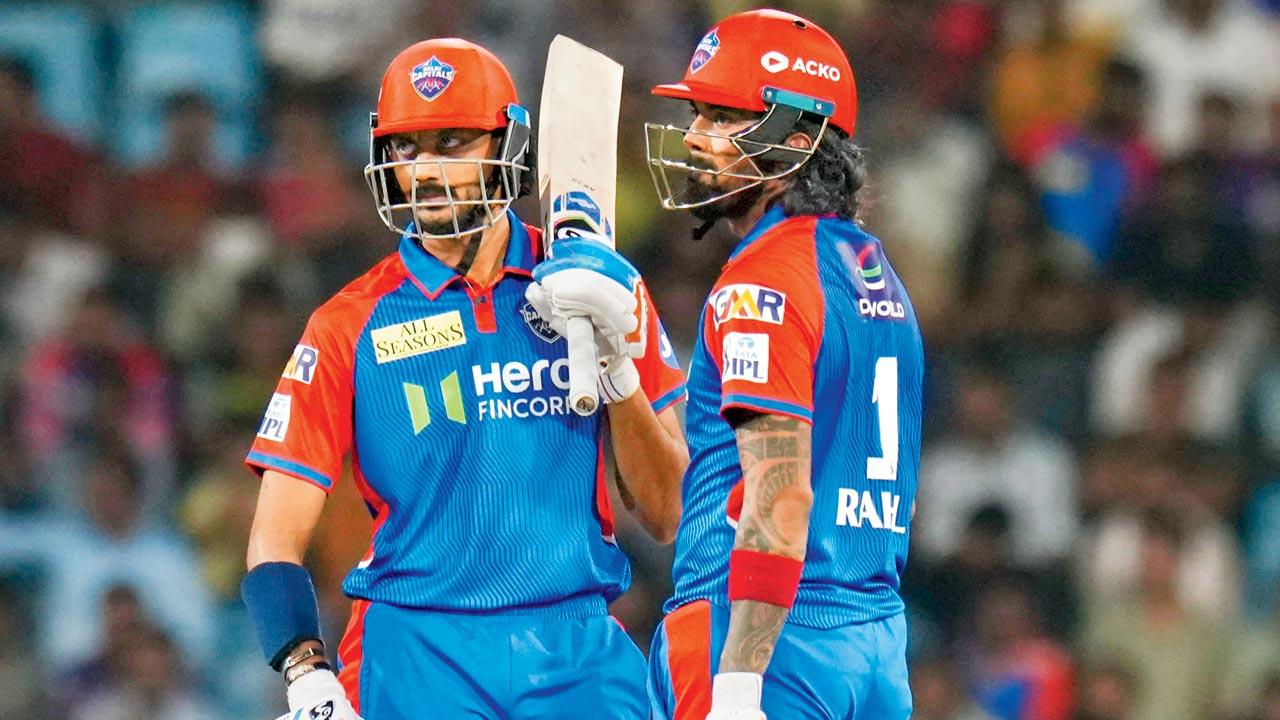 DC captain Axar Patel (left) with teammate KL Rahul during their win over LSG in Lucknow on Tuesday. Pic/PTI