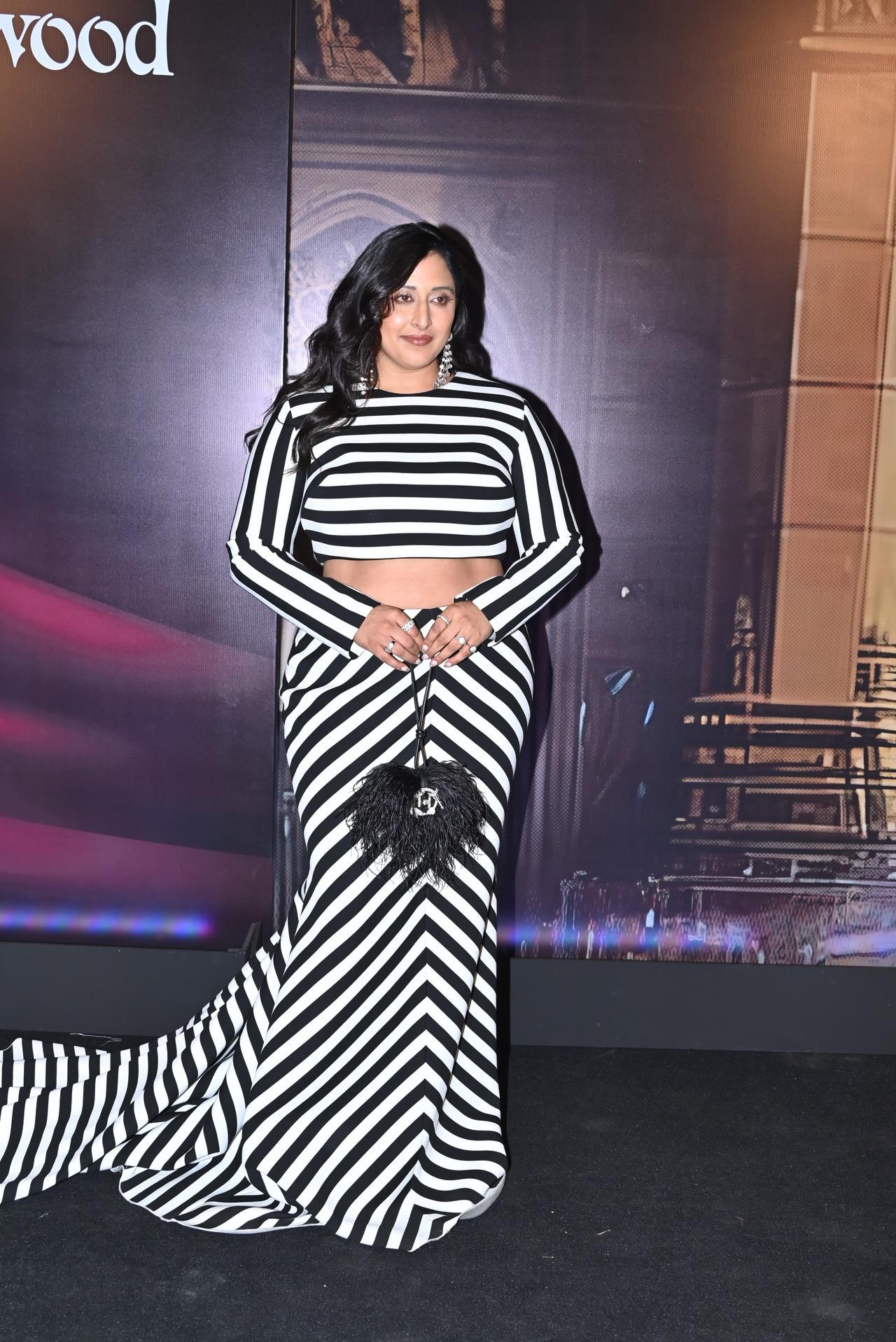 Rapper Raja Kumari looked elegant in a black and white striped outfit.