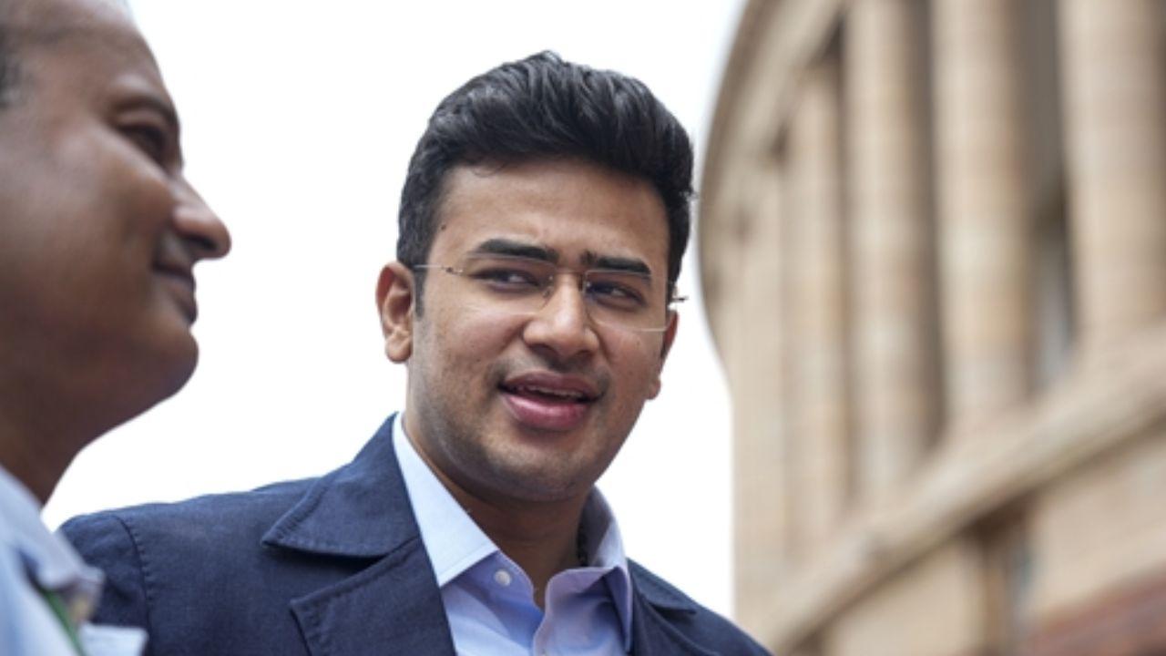 BJP MP Tejasvi Surya outside the Parliament ahead of the day's proceedings