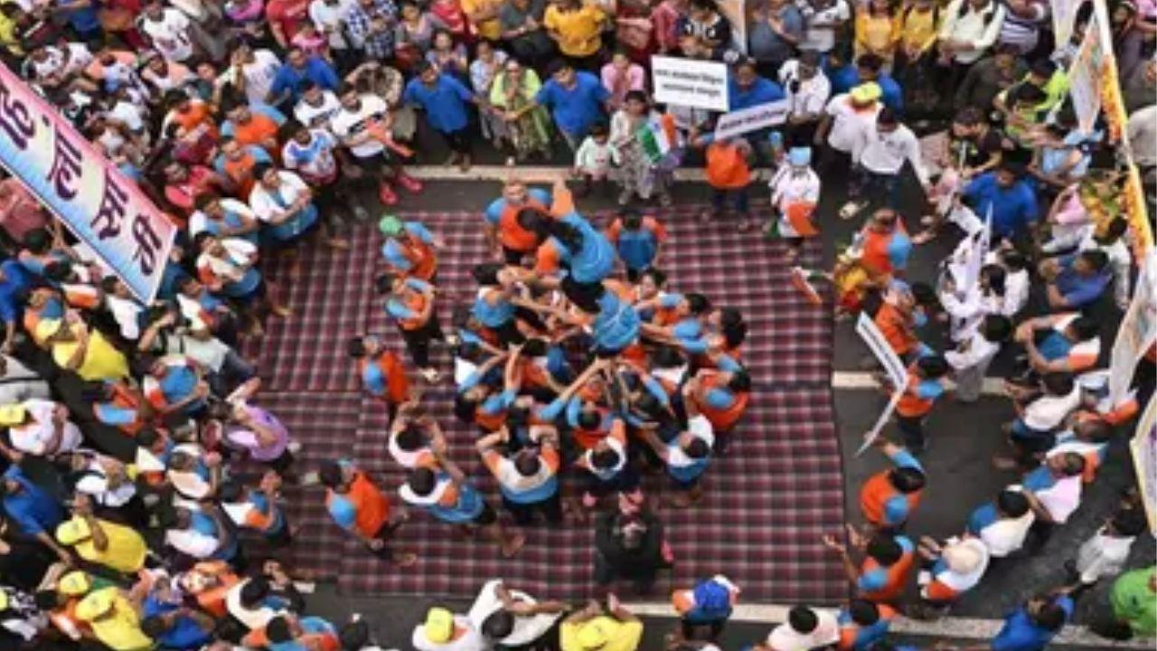 Mathura residents perform the traditional Matki Fod as part of the grand Janmashtami celebrations 