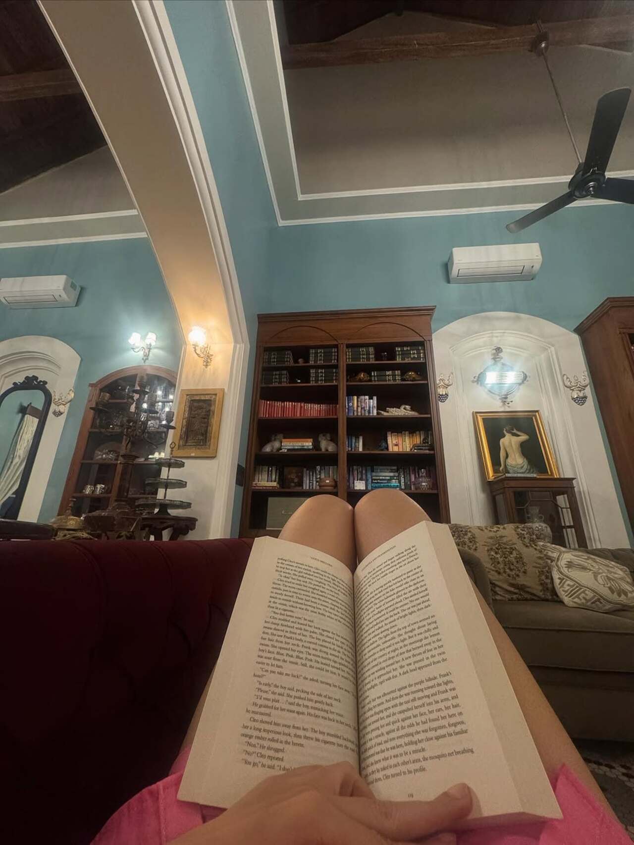 One of the pictures included a book placed on her lap while overlooking the beautiful and antique bookshelf and the ceiling.