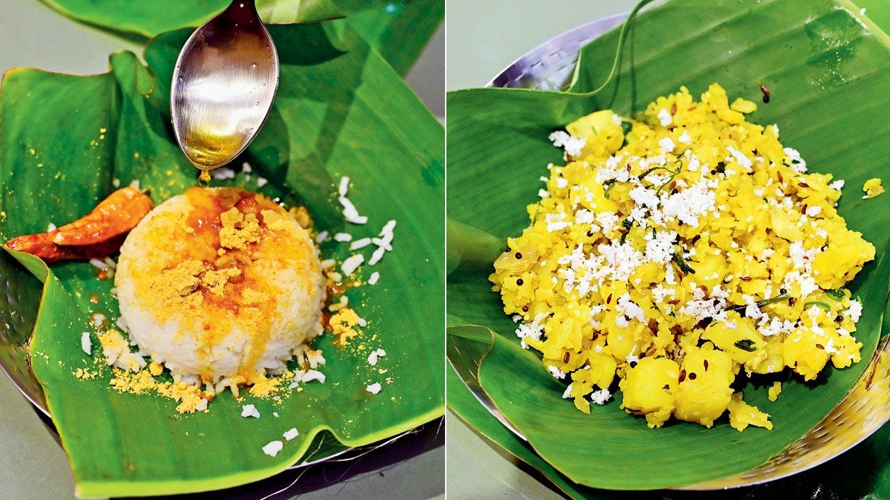 Methkut Bhaat Toop; (right) Kande Pohe