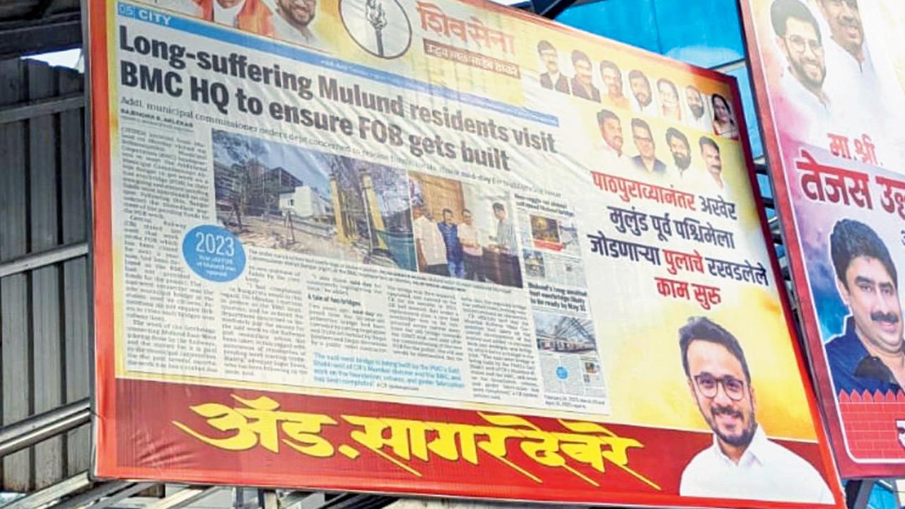 The hoarding featuring mid-day’s report dated August 5 is placed outside the East exit of Mulund railway station. PIC COURTESY/RAJENDRA B AKLEKAR