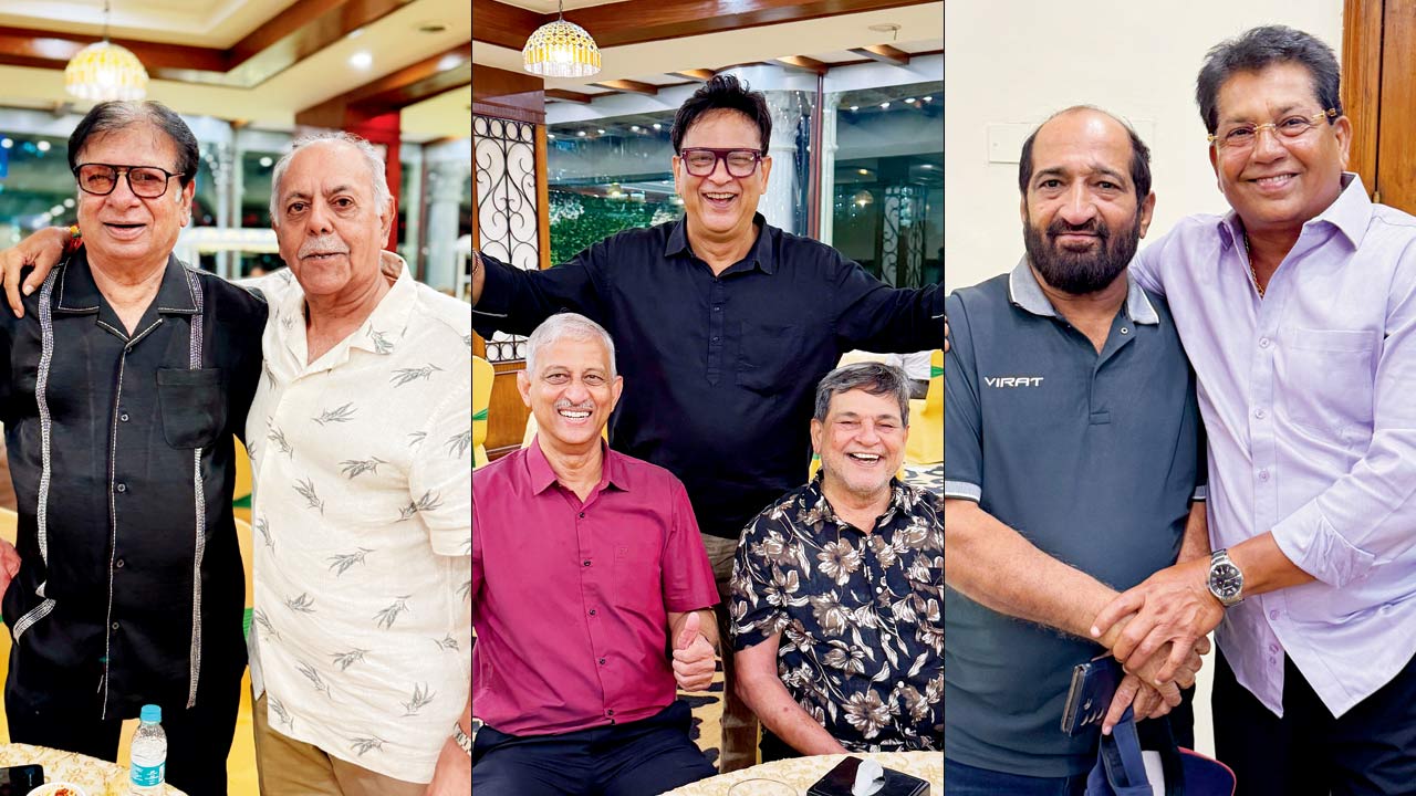 (From left) Karsan Ghavri (left) with Yajurvindra Singh, who opened the bowling for India in the Bangalore Test against England in 1977; ex-India hockey captain MM Somaya (left), former Mumbai Ranji captain Shishir Hattangadi (centre) and Mumbai and Hyderabad batsman Vijay Mohan Raj — all from St Mary’s School, Byculla; wicketkeeper Chandrakant Pandit (right), who replaced Zulfiqar Parkar (left), in the Mumbai Ranji Trophy team in 1980. PICS/CLAYTON MURZELLO, By Special Arrangement