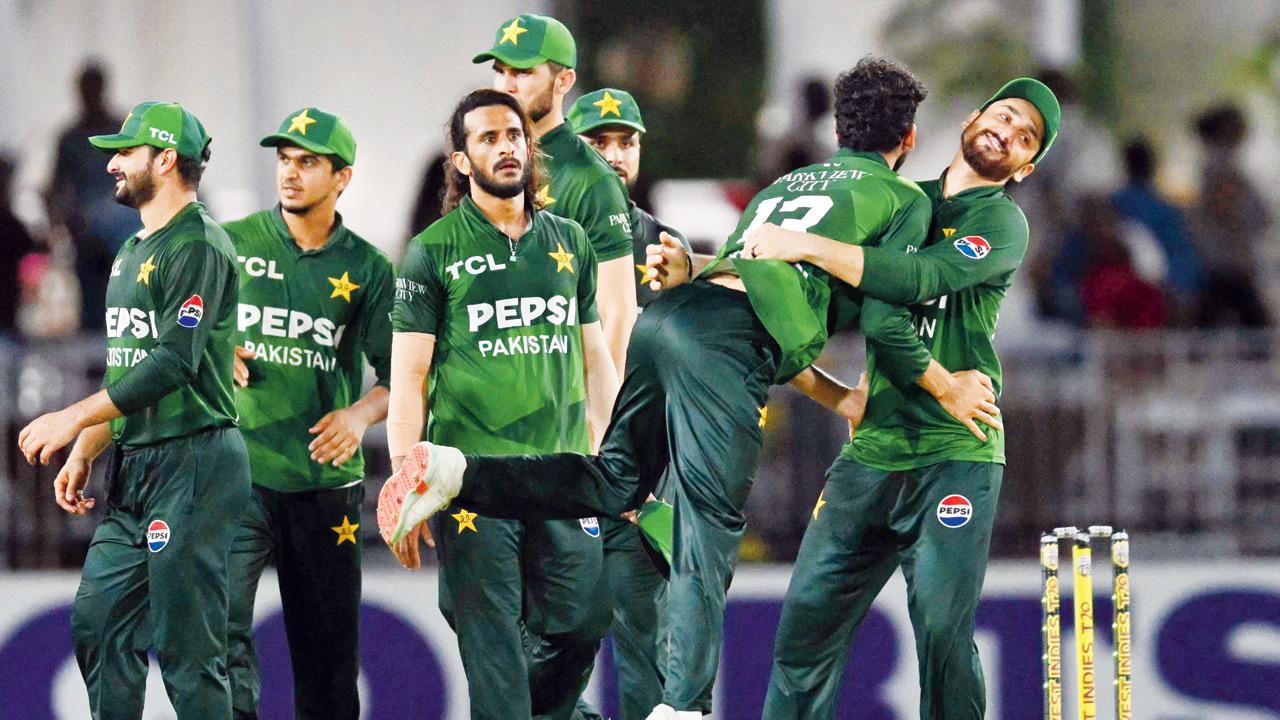 Pakistan skipper Salman Ali Agha (right) celebrates after winning the third T20I against West Indies to seal the three-match series 2-1 in Lauderhill, Florida, earlier this month. PIC/AFP