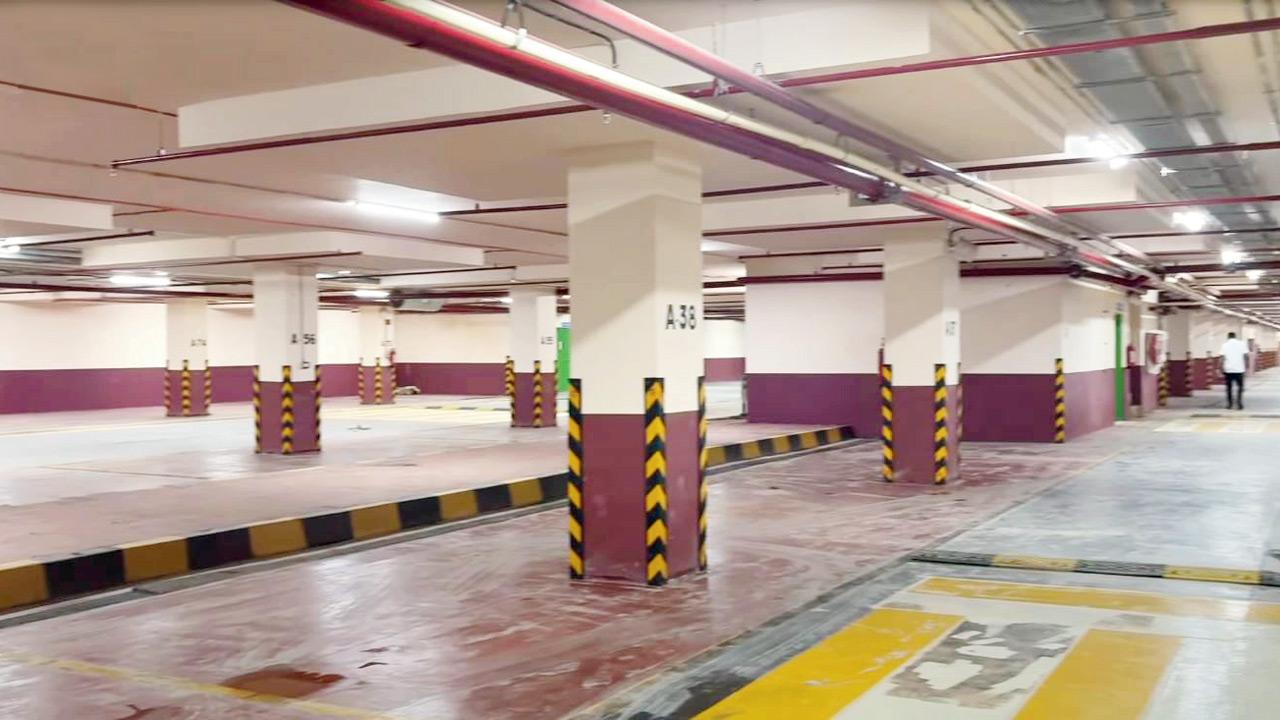 The spacious underground parking lot at Worli