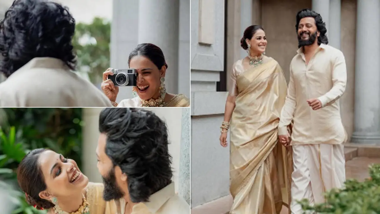 Genelia D`Souza and Riteish Deshmukh twin in ivory outfits in her latest post
