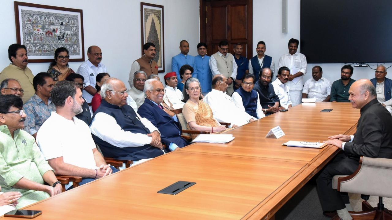 NCP (SCP) chief Sharad Pawar, Samajwadi Party MP Ram Gopal Yadav, DMK MP Tiruchi Siva, Shiv Sena (UBT) MP Sanjay Raut and several other leaders of the alliance were also present.