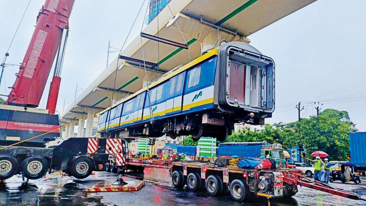 Mumbai Metro coaches lifted onto Green Line 4 tracks using cranes