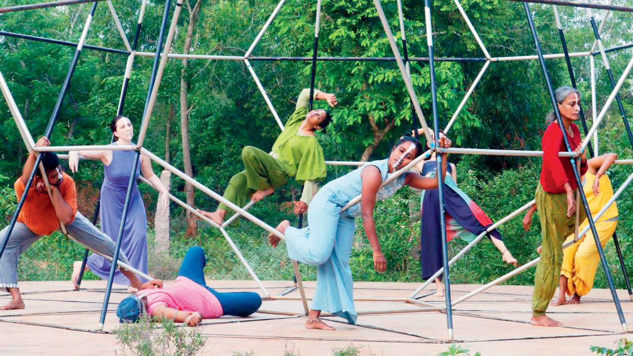 Participants perform bodywork exercises at Yumiko Yoshioka’s workshop in Auroville. pics courtesy/yuvasri, yatra arts media