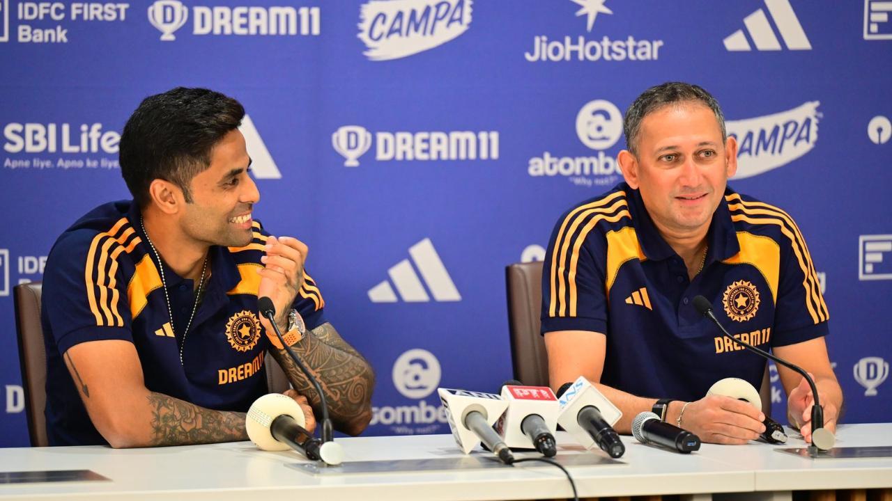 Team India skipper Suryakymar Yadav and chief selector Ajit Agarkar (Pic: Shadab Khan)