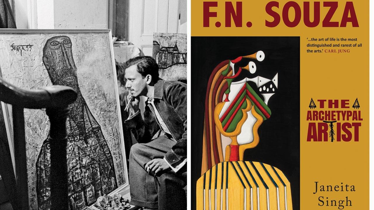 A dated photograph of FN Souza from 1955. Pic Courtesy/Wikimedia Commons; (right) The book. Pic Courtesy/Niyogi Books