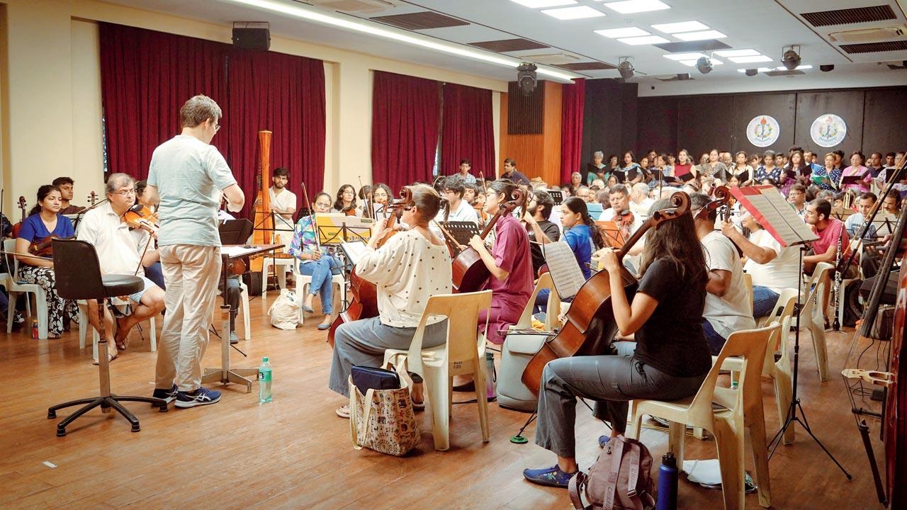 Tobias Drewelius leads the members during a rehearsal.  Pics Courtesy/Bombay Chamber Orchestra; Akaru Sumizawa