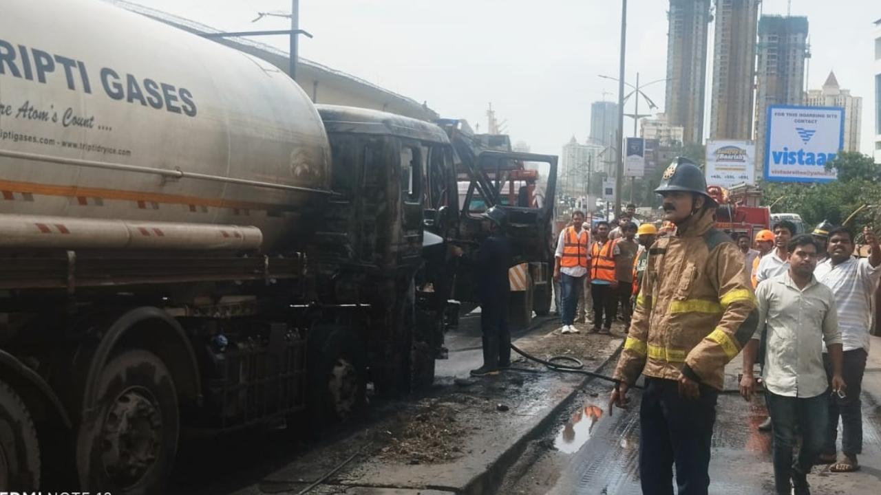 Gas tanker catches fire on bridge in Thane; no injuries