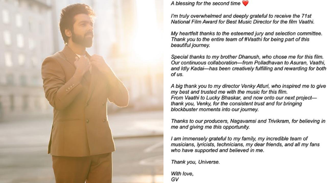 G V Prakash expresses gratitude on winning second National Award for Best Music direction: A blessing for the second time!