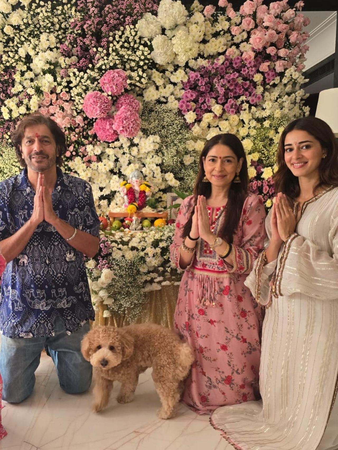 Ananya Panday also gave fans a glimpse of Ganesh Chaturthi celebrations from her home with close family. The Panday family was seen posing with a mesmerising white idol of Lord Ganesh with floral decor around.