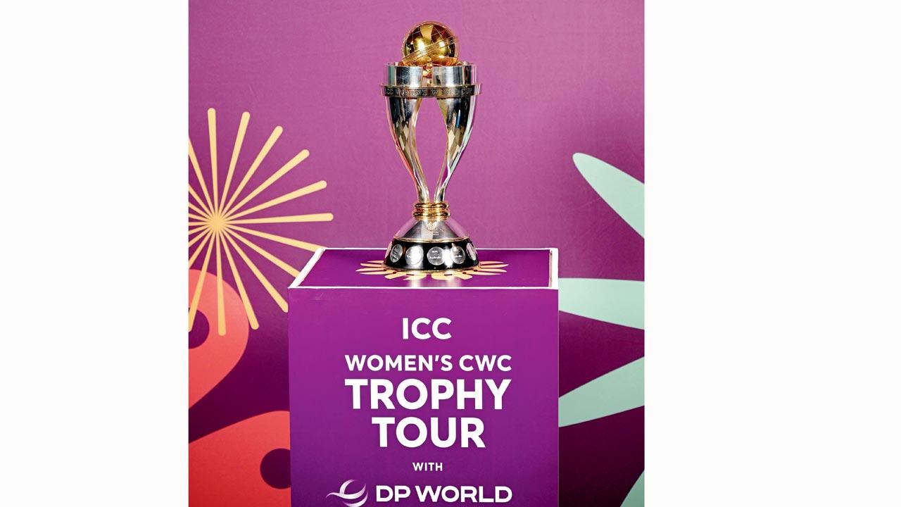 The ICC Women’s Cricket World Cup 2025 trophy at the mid-day  office in Bandra on Friday. Pic/Rane Ashish