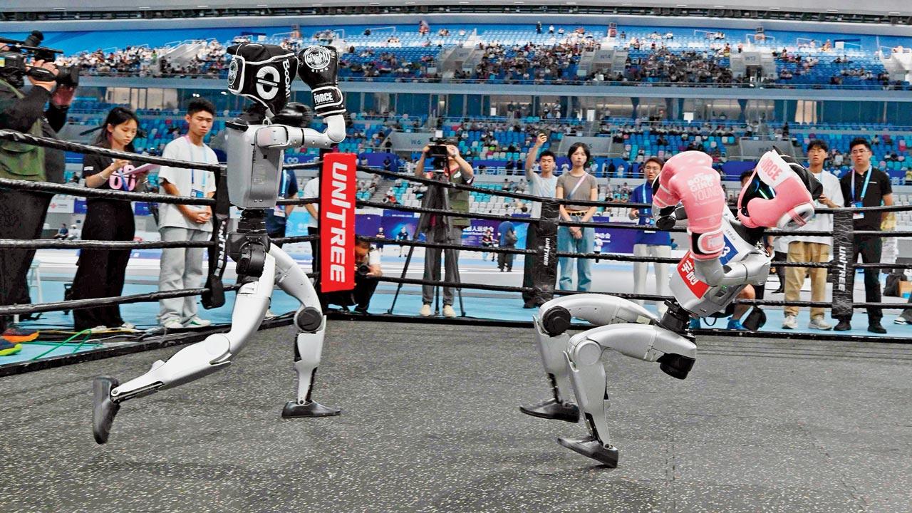 Two robots fight in a free combat style event