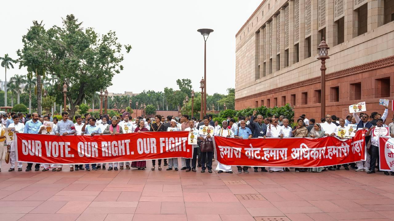 INDIA bloc stages protest in Parliament over Bihar voter roll revision