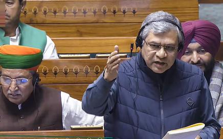 Union Railway Minister Ashwini Vaishnaw speaks in the Lok Sabha on Wednesday. Pic/PTI