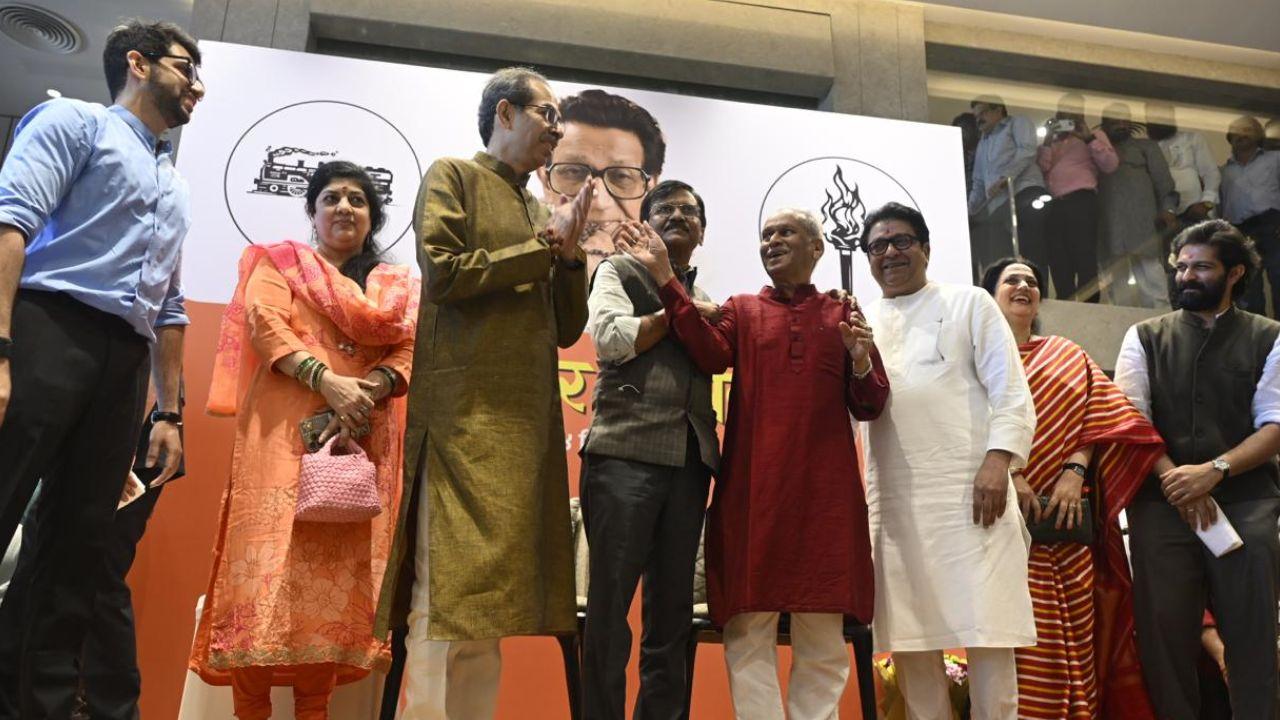<p>Shiv Sena (UBT) MLA Aditya Thackeray was seen standing along with Raj Thackeray`s son Amit Thackeray while Raj and Uddhav were addressing the media on Wednesday</p>