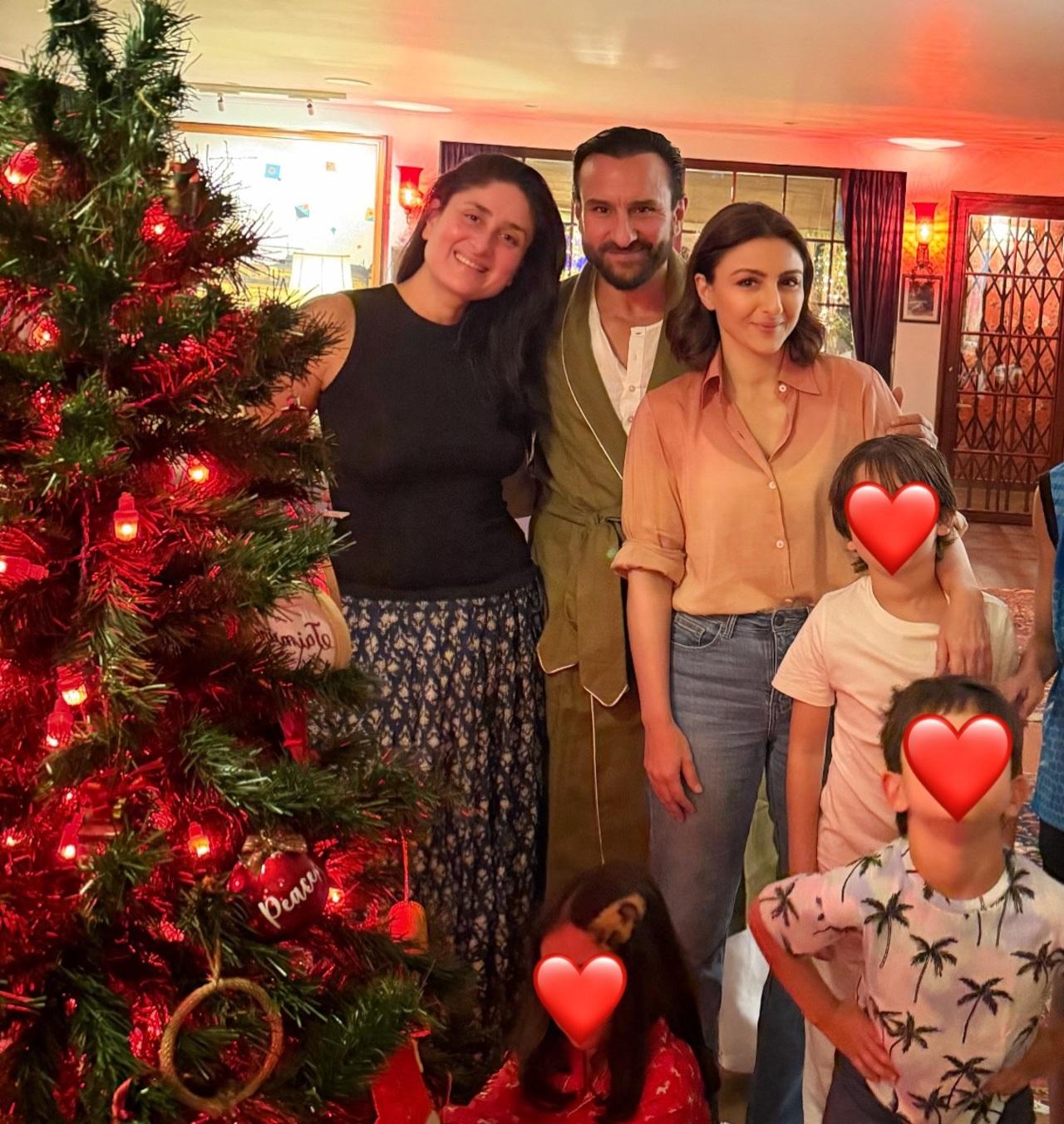 Soha Ali Khan used social media to share a glimpse of the Christmas celebration in the Pataudi family. The photo posted by the actress had her posing next to the Christmas tree, along with brother Saif Ali Khan, sister-in-law Kareena Kapoor Khan, and their two little munchkins- Taimur and Jeh.