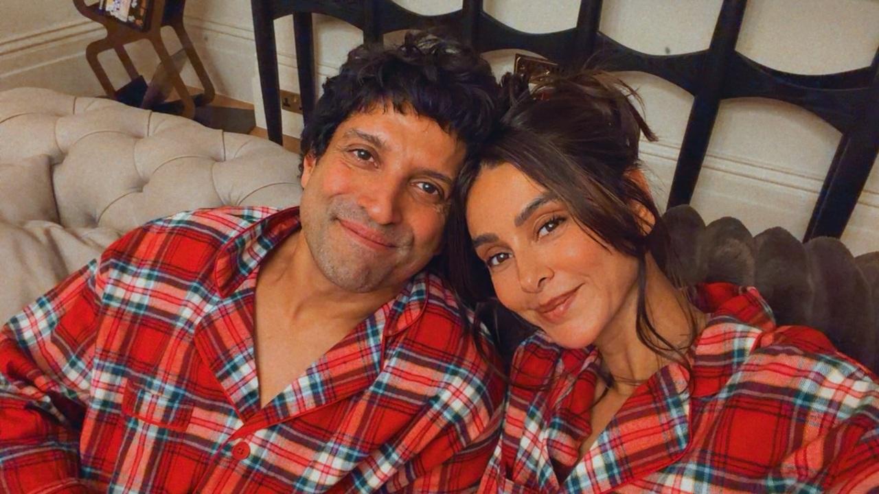 Shibani Akhtar twins with hubby Farhan Akhtar as they celebrate the most beautiful time of the year. In the candid clicks, the couple is seen dressed in matching red checked t-shirts and posing together. 