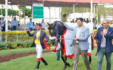 The Indian 2000 Guineas winner Baychimo being paraded in the Mahalaxmi paddock after the race. From left to right: Jockey A Sandesh, trainer Adhirajsingh and owner Shiven Surendranath