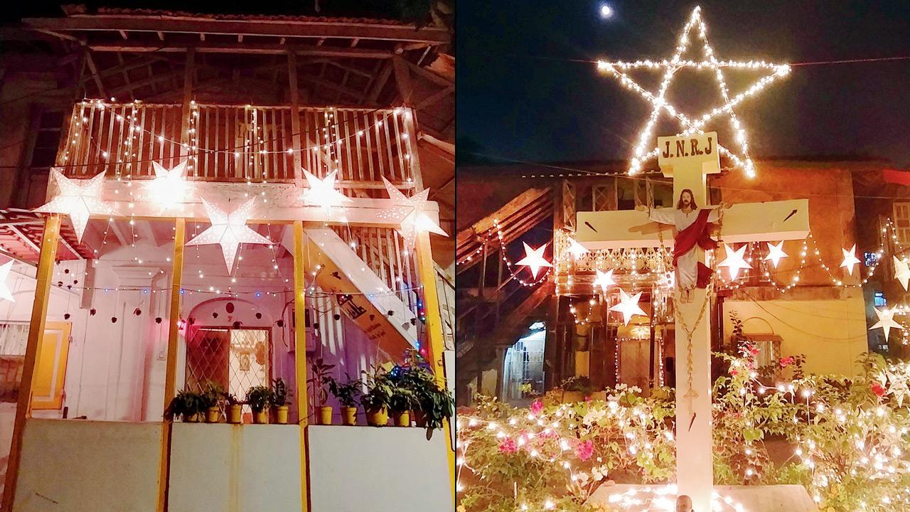 Christmas decorations spotted in Bandra during a previous walk; (right) a crucifix lit up at Ranwar Square in Bandra. Pics courtesy/Minaz Ansari