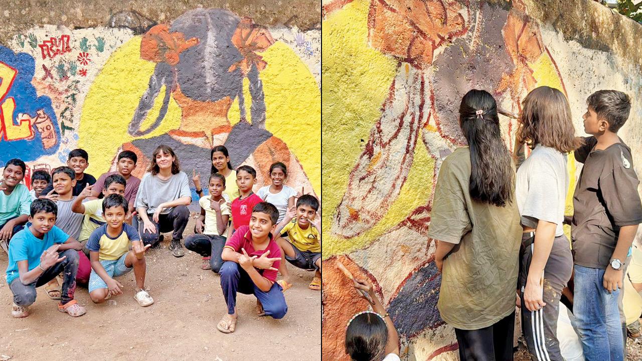 Children work on the mural (right) kids pose with Cindy Sandoval (centre, in grey tshirt) in front of the completed mural