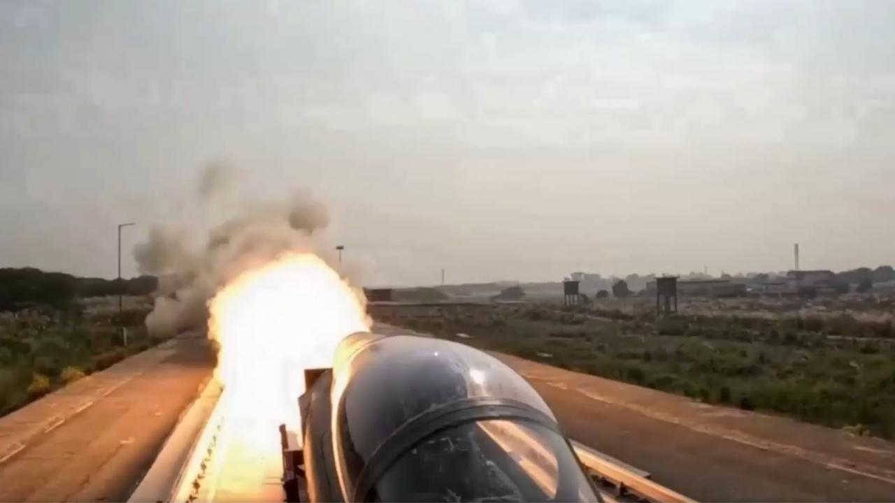 In a rocket-sled test, the system coupled with a rocket propulsion mechanism is run at a high speed on a pair of rails to simulate a moving aircraft in mid-air, a senior official told the PTI