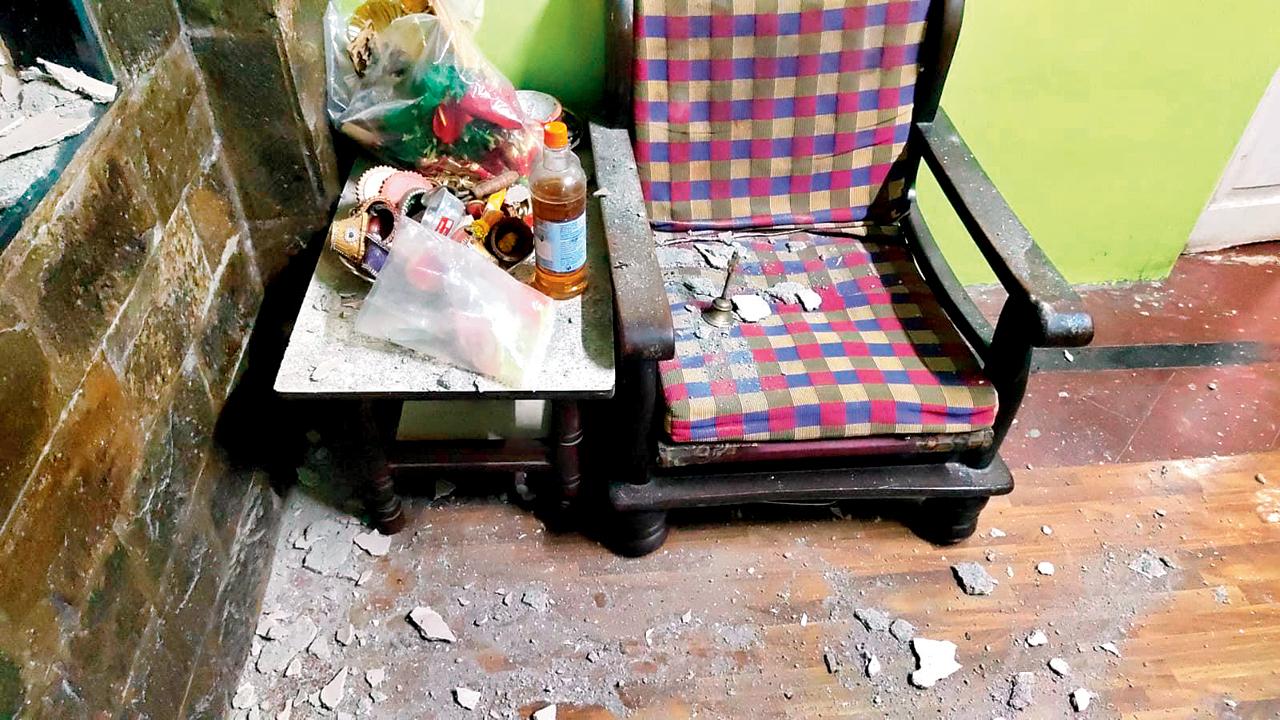 The spot where Dadar East resident Uday Patil was sitting when the ceiling slab fell on his head