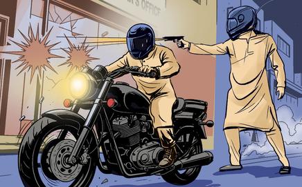 Assailants stop the motorcycle in front of Pawan Walekar’s office in Ambernath West and one of them fires 4-5 rounds, injuring a security guard. Illustration/Uday Mohite