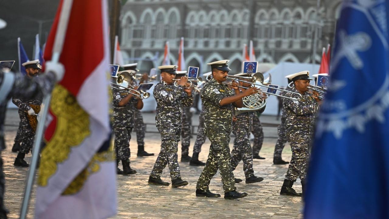 Members of the Indian Naval Central Band practice musical sequences for the Beating Retreat and Tattoo Ceremony