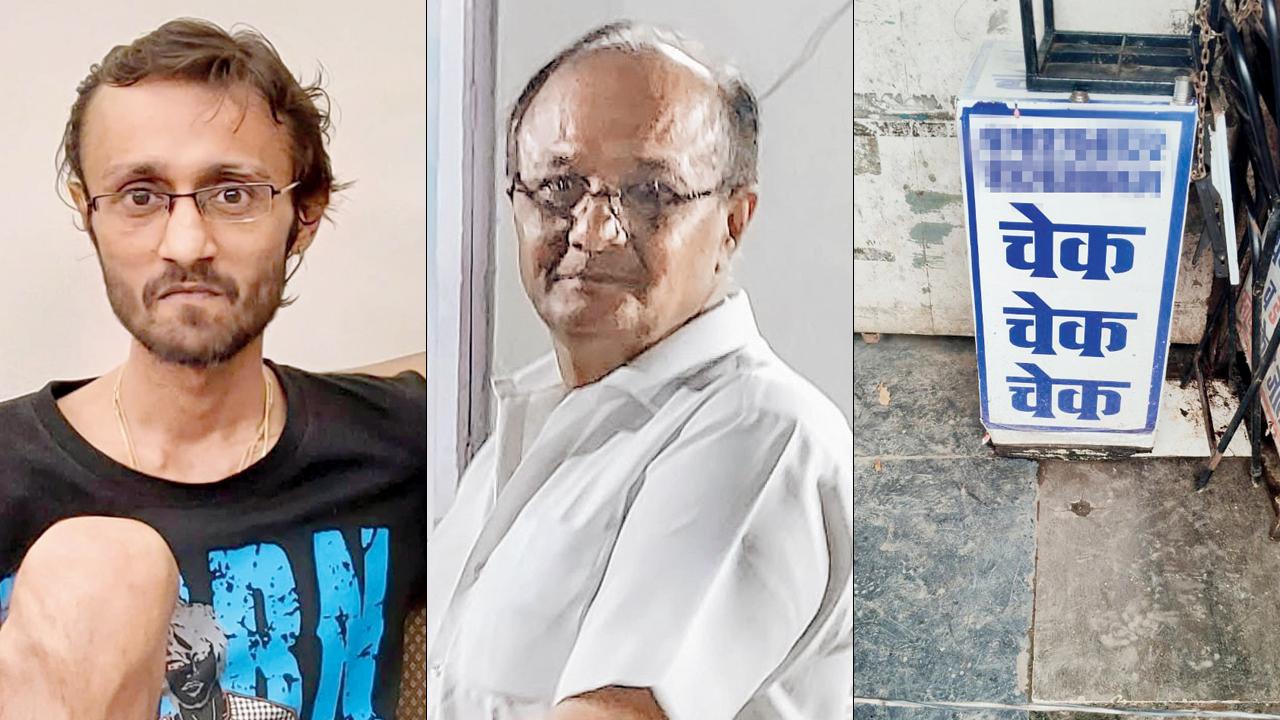 (From left) Jignesh Mehta, son of Vinod, who is currently absconding in the cheque fraud case, Vinod Mehta, accused brother who allegedly issued the fraudulent cheques and The Ghatkopar location linked to the cheque fraud network. Pics/By Special Arrangement