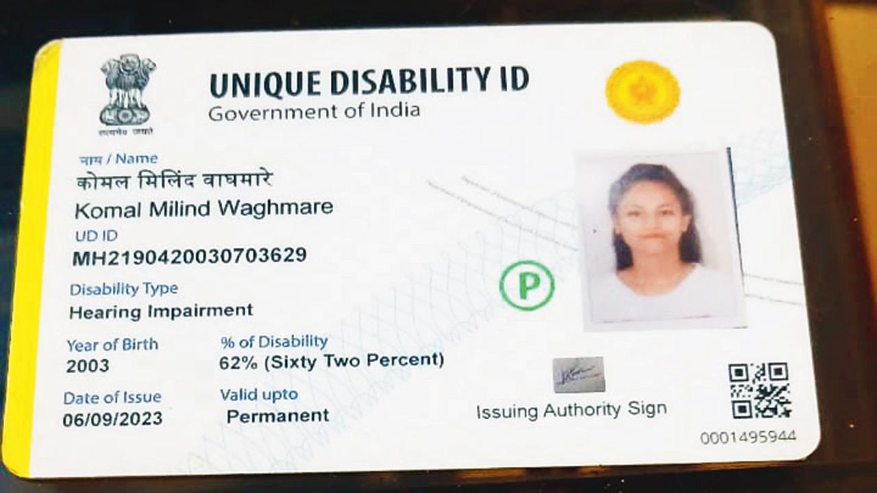 Komal Waghmare’s Unique Disability ID, which mentions that she has 62 per cent disability