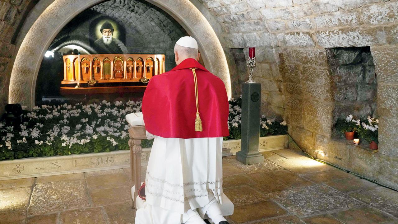 Pope Leo XIV prays at tomb of Lebanese saint Charbel