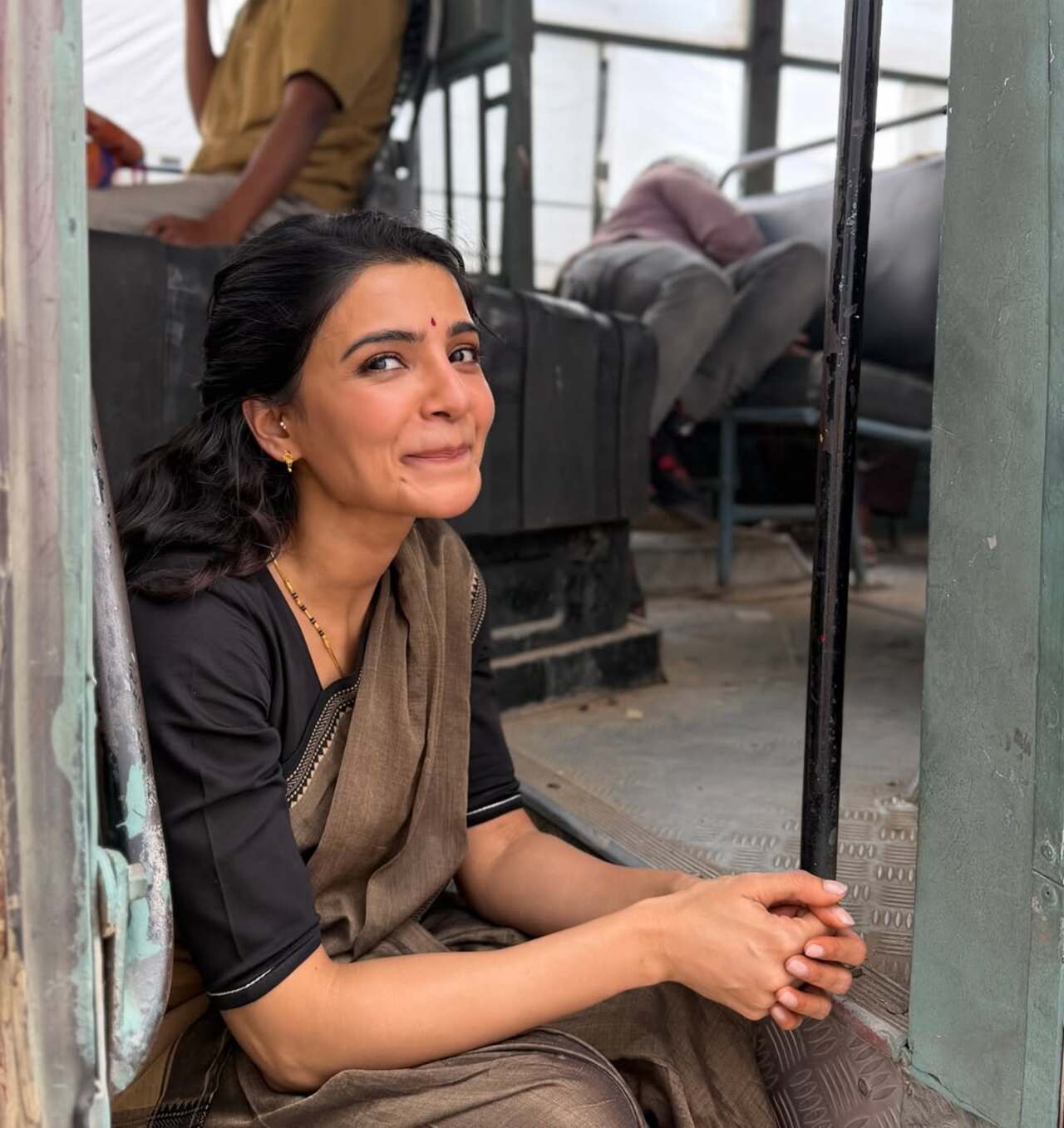 <p>Samantha shared a goofy picture from the film set, flashing a playful smile. The candid moment offered a fun glimpse into her lighthearted mood between takes.</p>