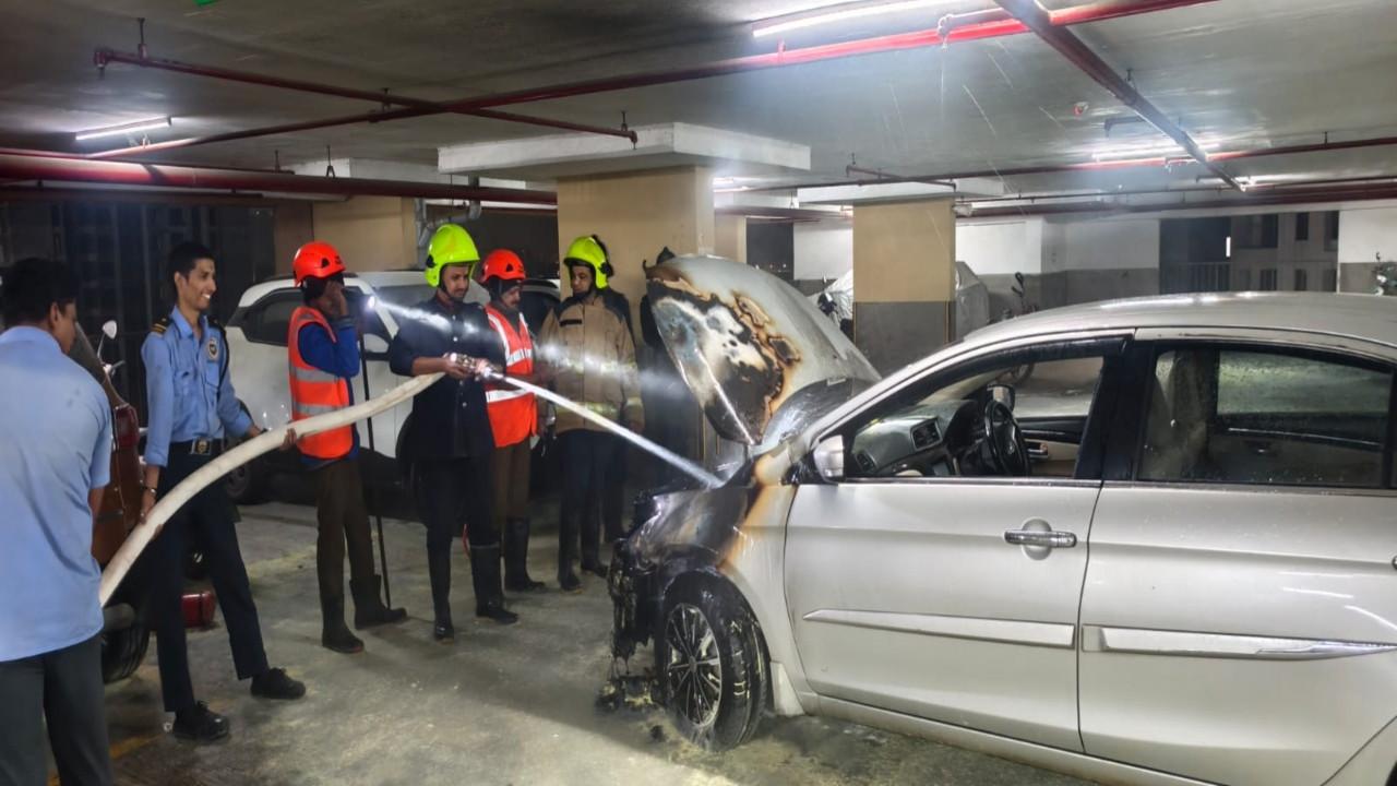 IN PHOTOS: Four-wheeler catches fire in Thane building