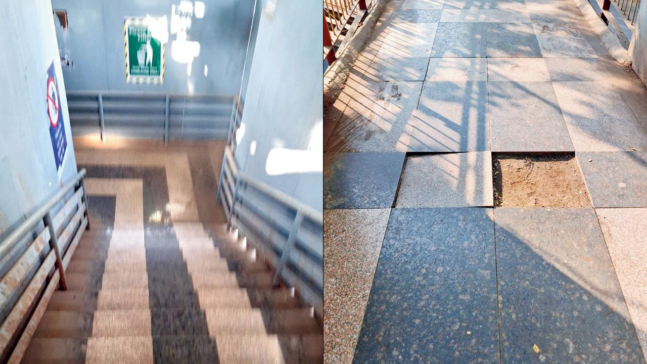The staircase at Matunga Z bridge appears cleaned, but gutkha and paan stains remain visible on the bridge surface; (right) Broken tiles spotted on Matunga Z bridge. Pic/By Special Arrangement