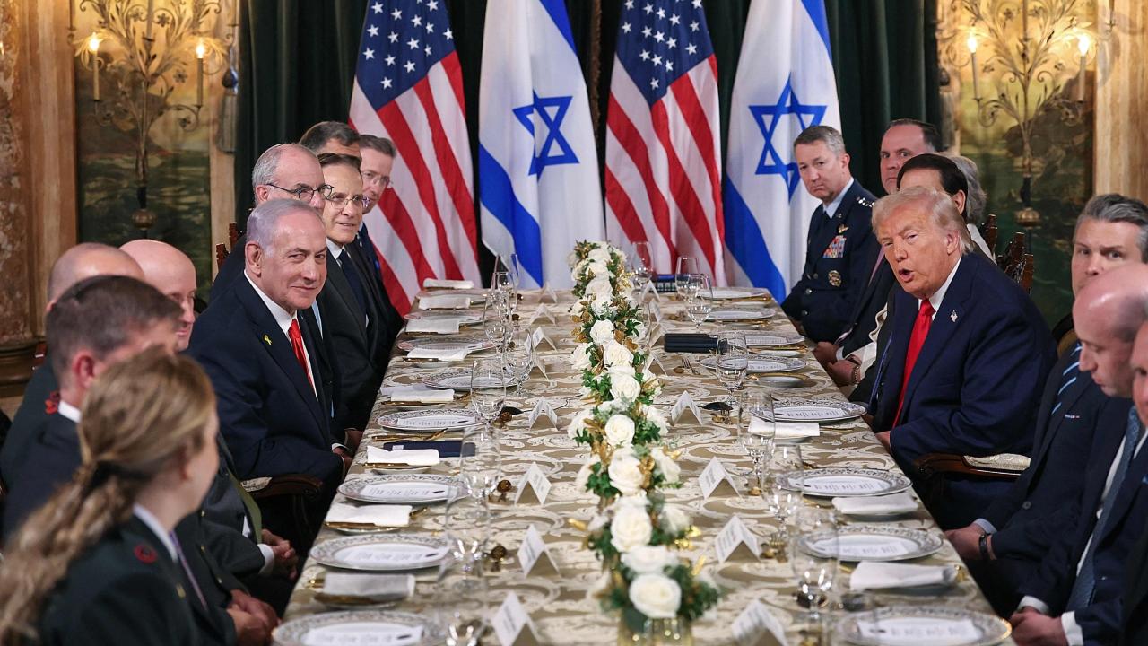 Standing outside his Mar-a-lago club as Trump shakes hands with Netanyahu, he said, 