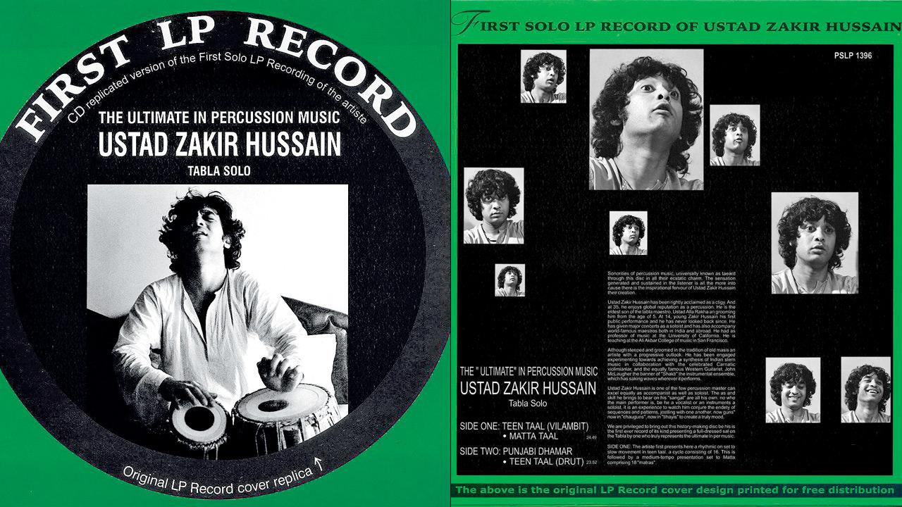 The front and (above) back cover of Zakir Hussain’s first solo LP