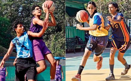 Cathedral’s Samar Hingorani (right) attempts to shoot against Don Bosco; (right) Ira Madbhavi (left) of Vibgyor High School during the girls semis vs Fatima High School. Pics/Satej Shinde