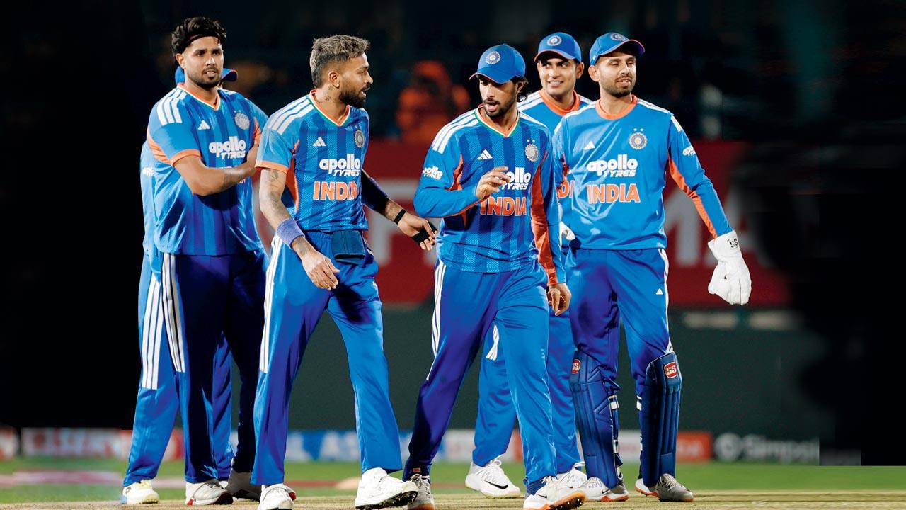 India players celebrate the wicket of SA’s Tristan Stubbs during the 3rd T20I in Dharamsala on Sunday. Pic/BCCI