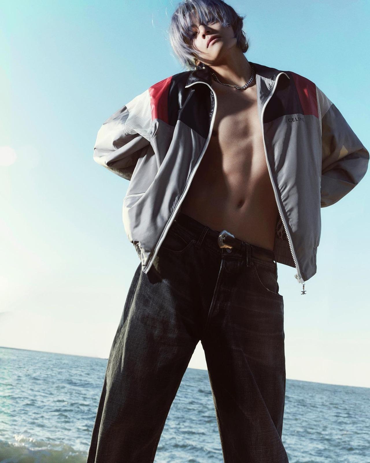 <p>Casual yet hot, V`s abs are to die for in this picture as he casually poses with his jacket, leaving it open.</p>