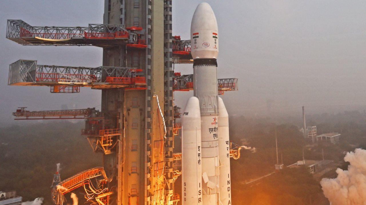 LVM3, developed by ISRO, is a three-stage launch vehicle comprising two solid strap-on motors (S200), a liquid core stage (L110), and a cryogenic upper stage (C25). It has a lift-off mass of 640 tonnes, a height of 43.5 meters, and a payload capability of 4,200 kg to Geosynchronous Transfer Orbit (GTO). PIC/ PTI