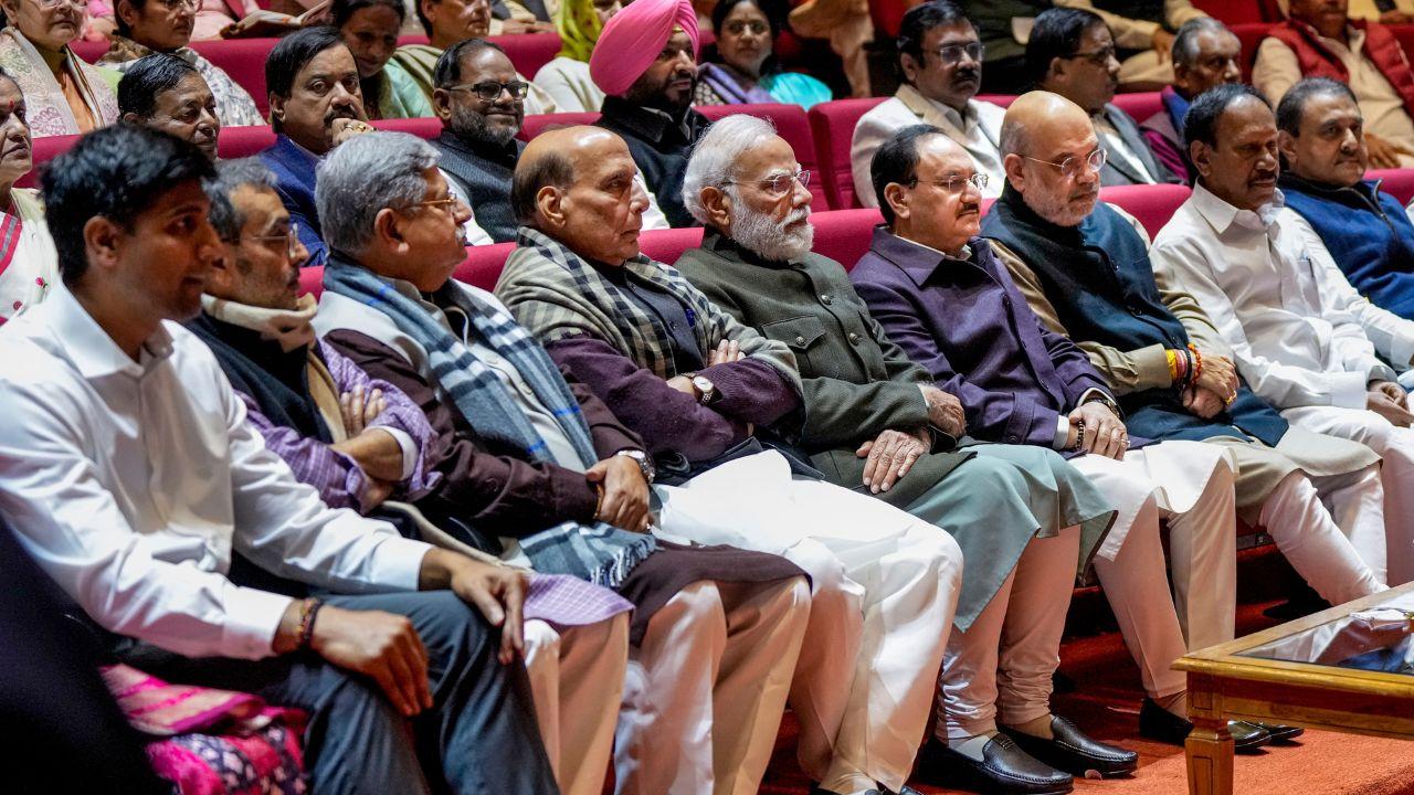 Prime Minister Narendra Modi, during the NDA Parliamentary Party meeting, along with Union Ministers Rajnath Singh, Amit Shah, JP Nadda, and Rajiv Ranjan Singh
