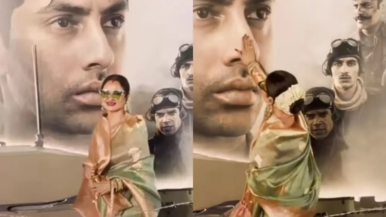 Rekha gives Agastya Nanda a flying kiss at Ikkis premiere - Watch