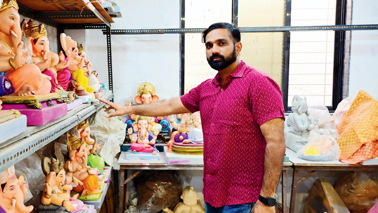 Vasant Raje, president of Shree Ganesh Murtikala Samitee, at his workshop in Gorai, Borivli West. Pics/Nimesh Dave