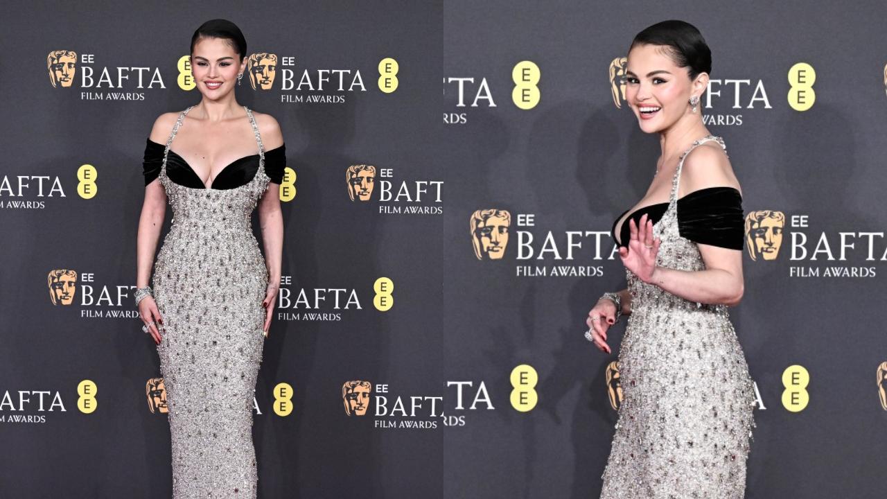 Selena Gomez arrived in a shimmer gown, featuring a sweetheart neckline. Minimal accessories and hair tied in a neat bun further elevated the look.
